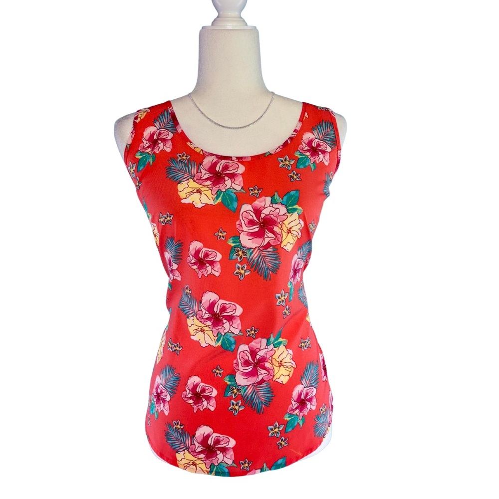 Time and Tru Coral Floral Tropical Print Sleeveless Stretch Blouse Size L